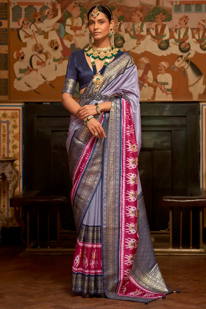 Lavender &amp; Pink Patola Silk Saree With Zari Weaving Work