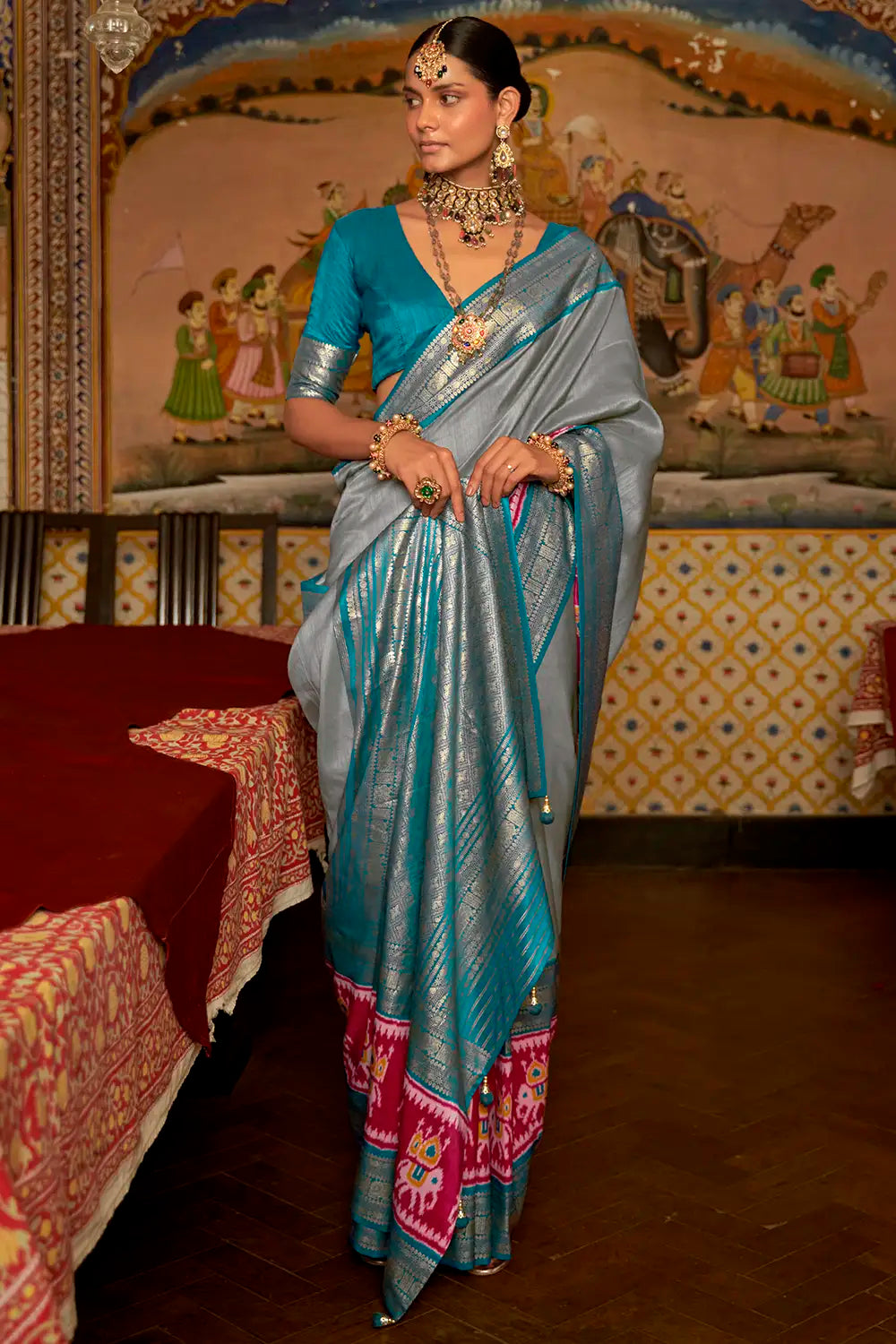Gray Patola Silk Saree With Zari Weaving Work