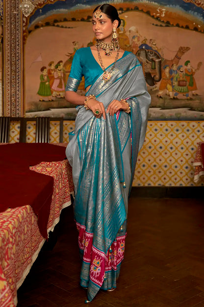 Gray Patola Silk Saree With Zari Weaving Work
