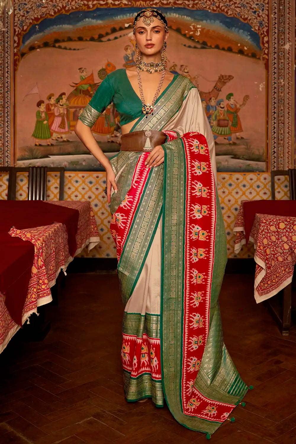 Cream &amp; Green Patola Silk Saree With Zari Weaving Work