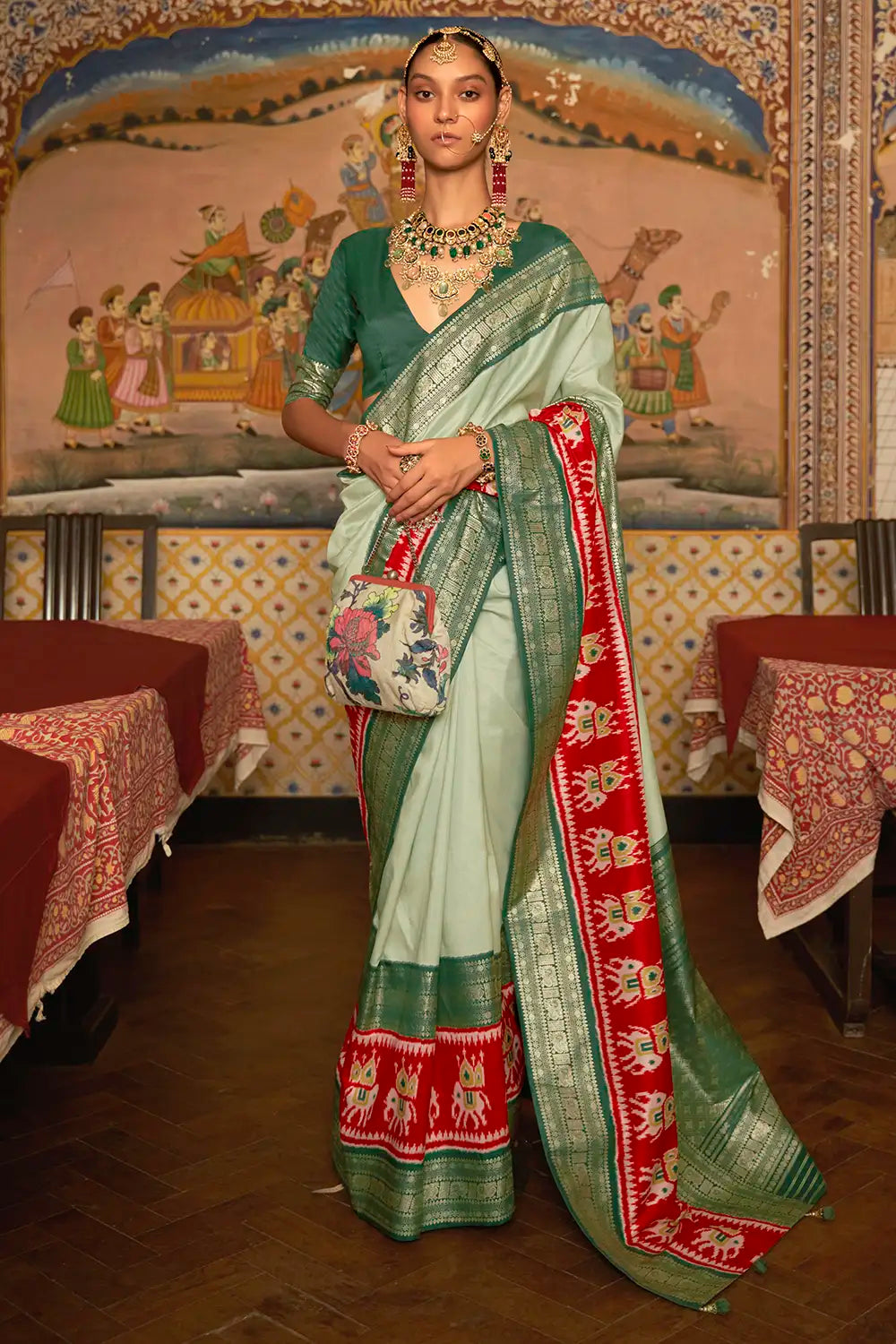 Mint Green Patola Silk Saree With Zari Weaving Work
