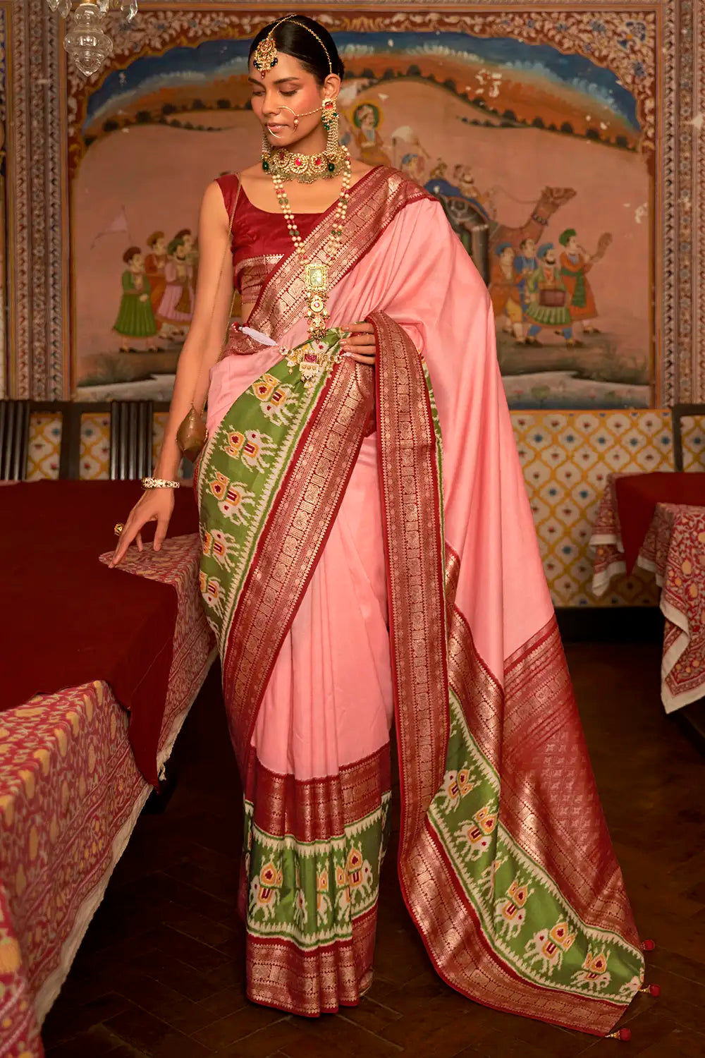 Peach Patola Silk Saree With Zari Weaving Work