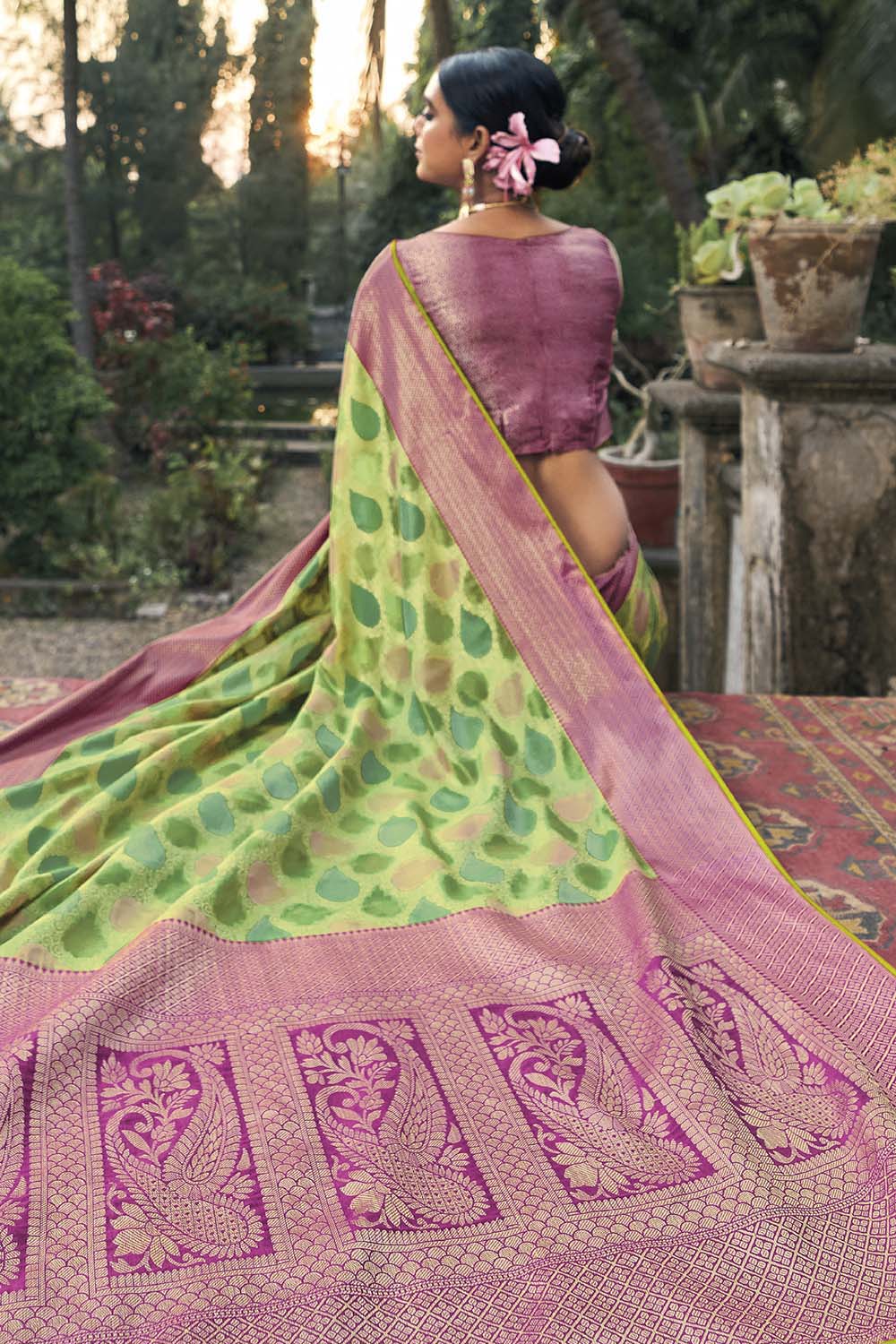 Parrot Green &amp; Pink Organza Saree With Weaving Work