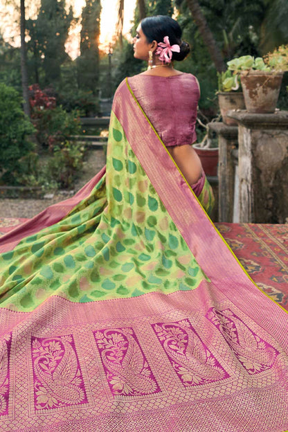 Parrot Green &amp; Pink Organza Saree With Weaving Work