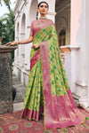 Parrot Green & Pink Organza Saree With Weaving Work