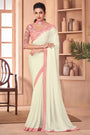 White Shimmer Pattern Silk Saree With Embroidery Border