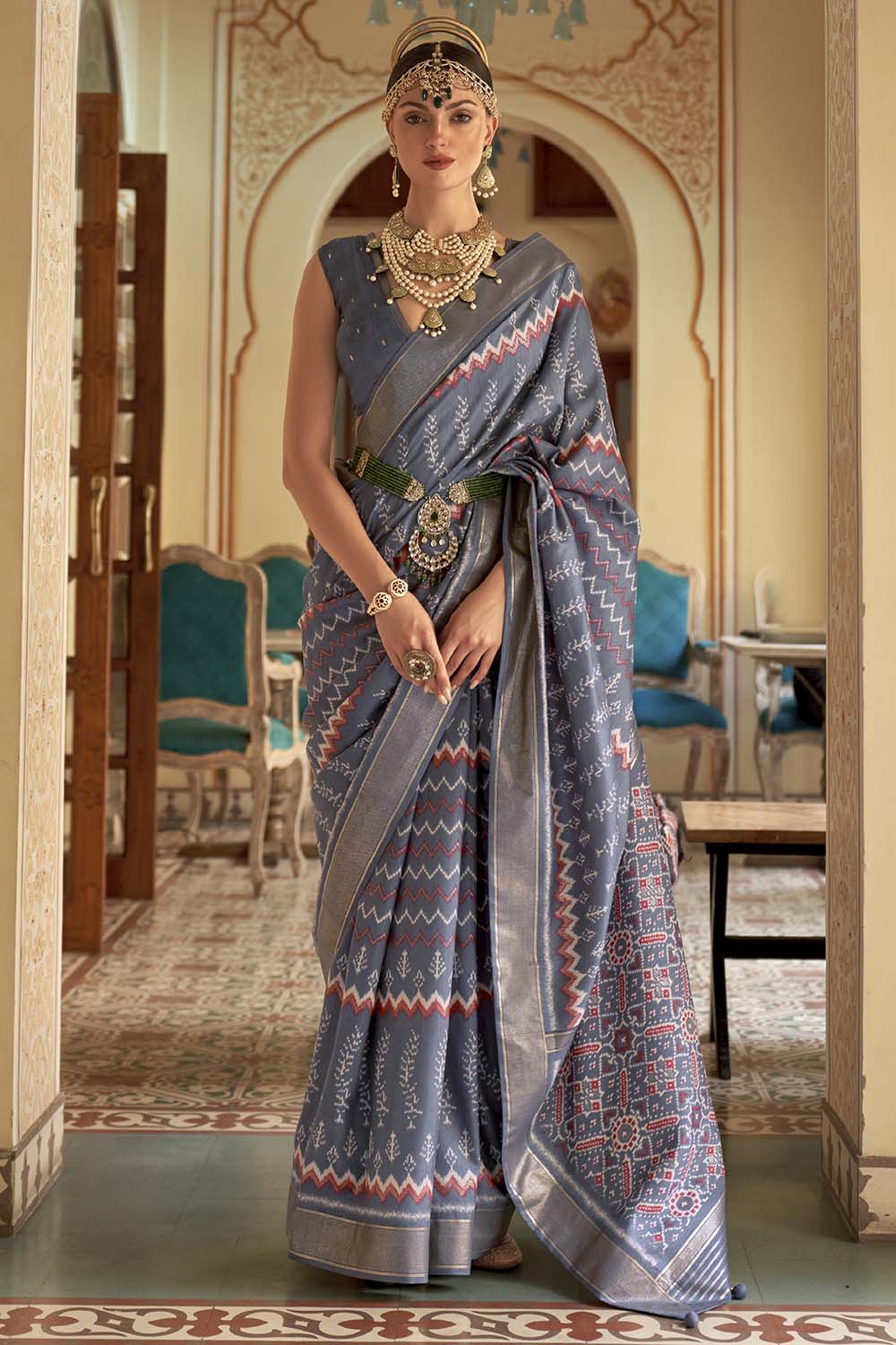 Gray Smooth Patola Silk Saree With Weaving Work