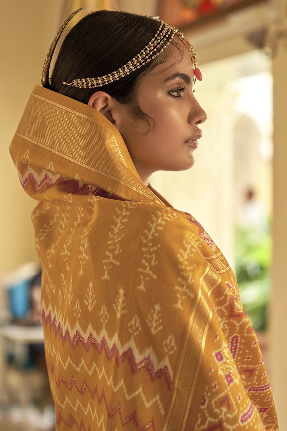 Mustard Yellow Smooth Patola Silk Saree With Weaving Work