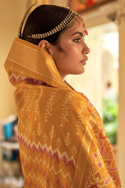 Mustard Yellow Smooth Patola Silk Saree With Weaving Work