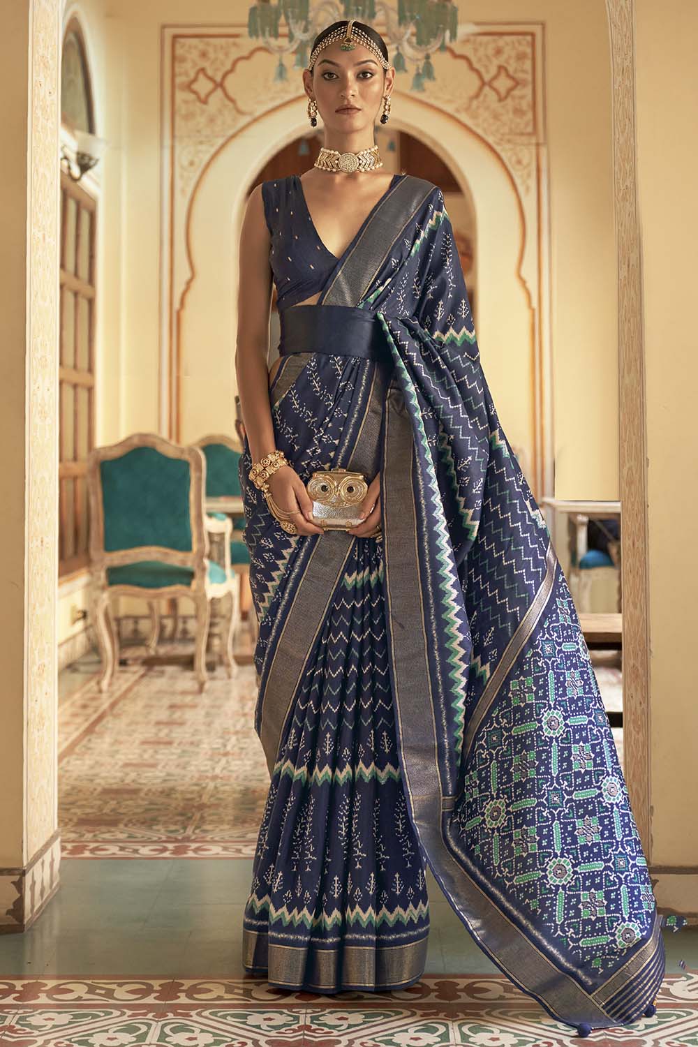 Navy Blue Smooth Patola Silk Saree With Weaving Work