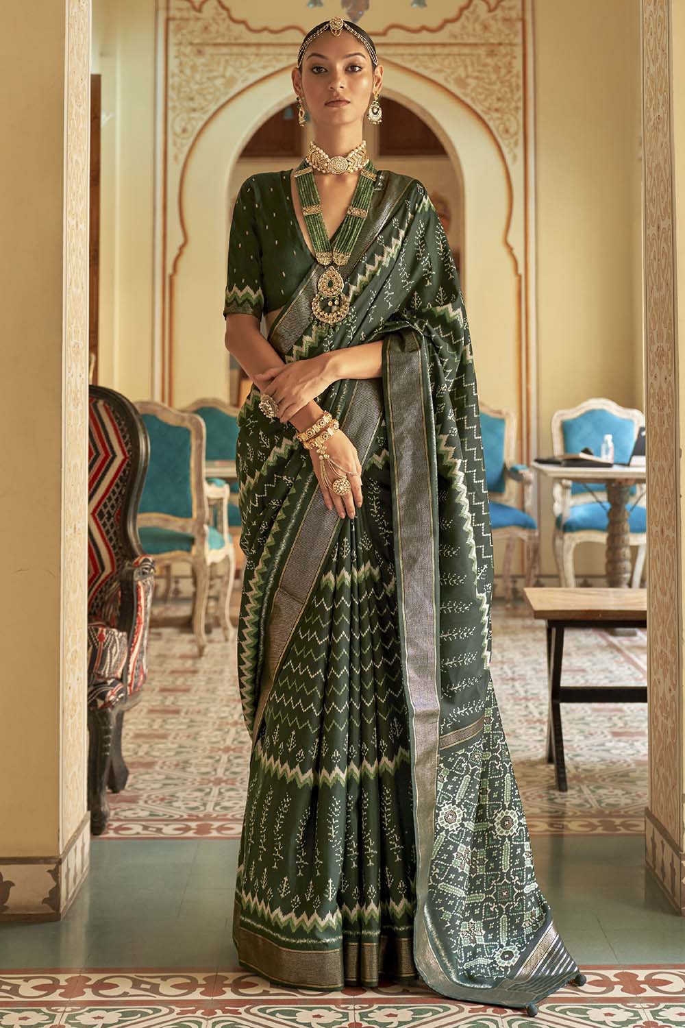 Dark Green Smooth Patola Silk Saree With Printed &amp; Weaving Work