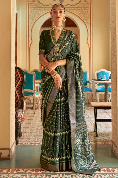 Dark Green Smooth Patola Silk Saree With Printed &amp; Weaving Work