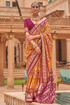 Mustard Yellow & Pink Patola Silk Saree With Foil Print