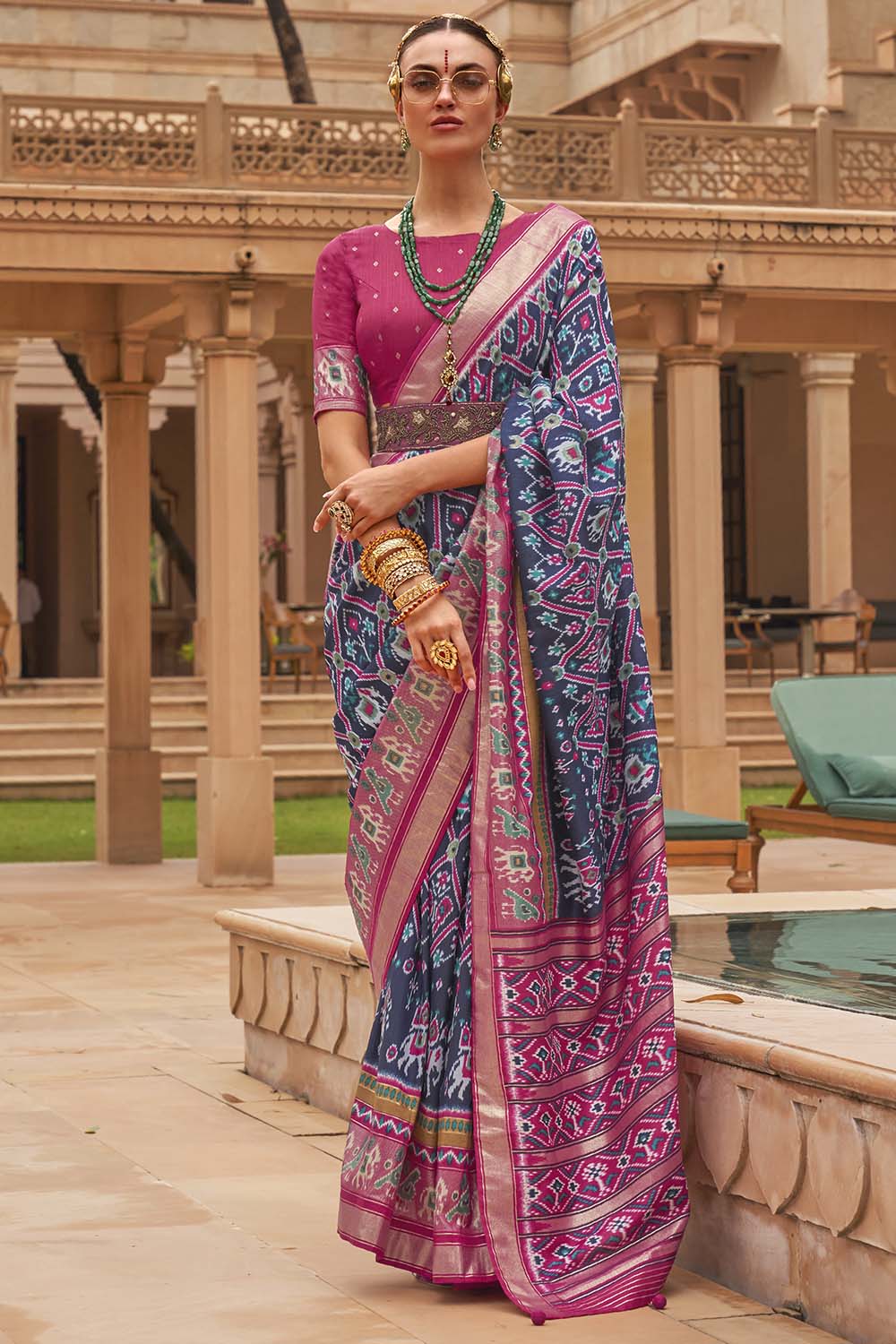 Navy Blue &amp; Pink Patola Silk Saree With Foil Print