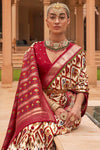 Off White & Red Patola Silk Saree With Foil Print