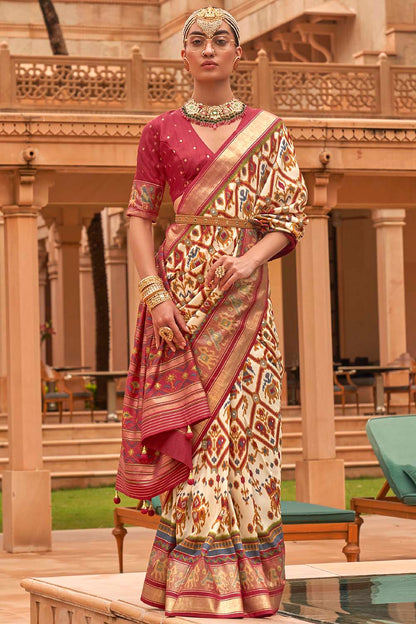 Off White &amp; Red Patola Silk Saree With Foil Print