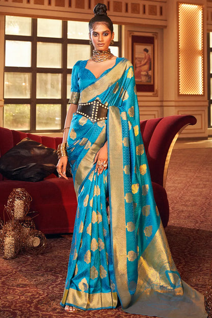 Firozi Colour Handloom Silk Saree With Zari Weaving Work
