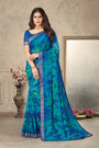 Sky Blue & Blue Chiffon Saree With Printed Work