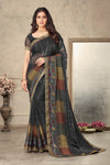 Dark Gray Chiffon Saree With Printed Work