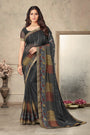 Dark Gray Chiffon Saree With Printed Work
