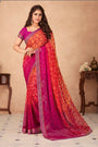 Rani Pink & Orange Chiffon Saree With Printed Work