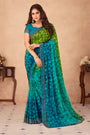 Rama & Green Chiffon Saree With Printed Work