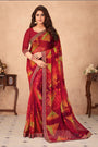 Red Chiffon Saree With Printed Work