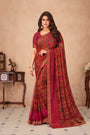 Dark Red Chiffon Saree With Printed Work