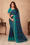 Rama Blue Chiffon Saree With Printed Work