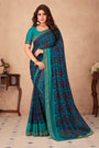 Rama Blue Chiffon Saree With Printed Work