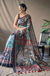 Baby Blue Soft Cotton Kalamkari Print Saree