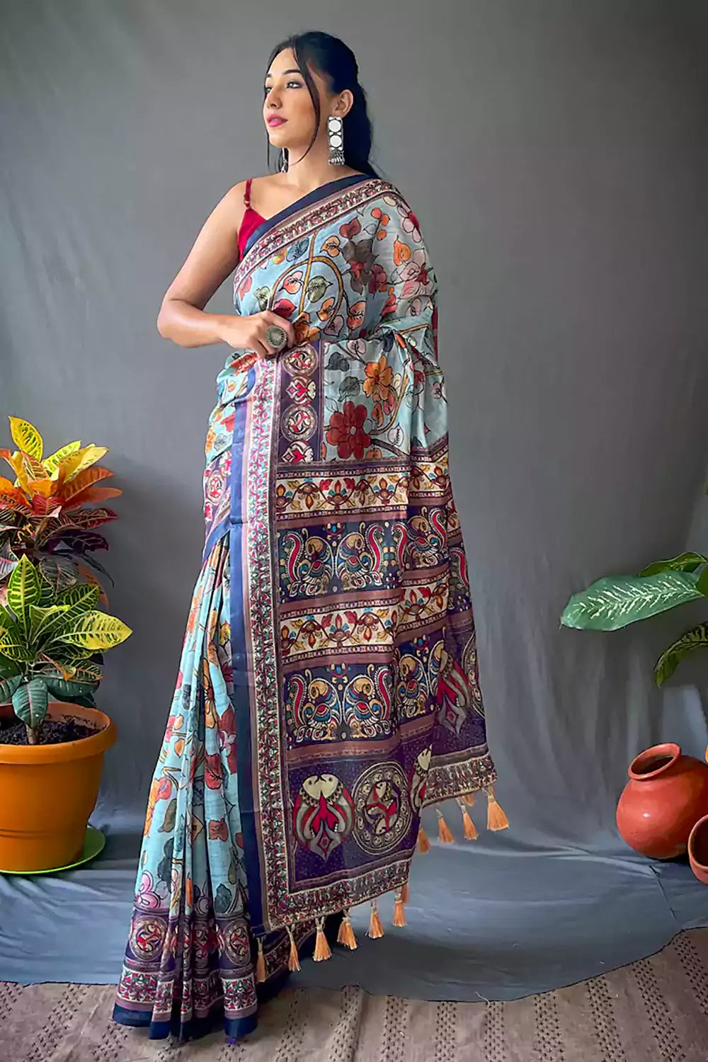 Blue Pure Cotton Saree With Kalamkari Printed Work