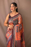 Orange and Multi Colored Cotton Silk Saree With Kalamkari Print
