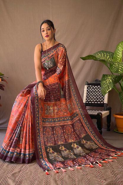 Orange And Multi Colored Cotton Silk Saree With Kalamkari Print