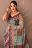 Greyish teal and Multi Colored Cotton Saree With Kalamkari Print
