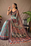 Greyish teal and Multi Colored Cotton Saree With Kalamkari Print