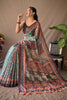 Greyish teal and Multi Colored Cotton Saree With Kalamkari Print