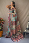 Greyish teal and Multi Colored Cotton Saree With Kalamkari Print