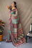 Greyish teal and Multi Colored Cotton Saree With Kalamkari Print