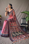 Pink and Multi Colored Cotton Saree With Kalamkari Print