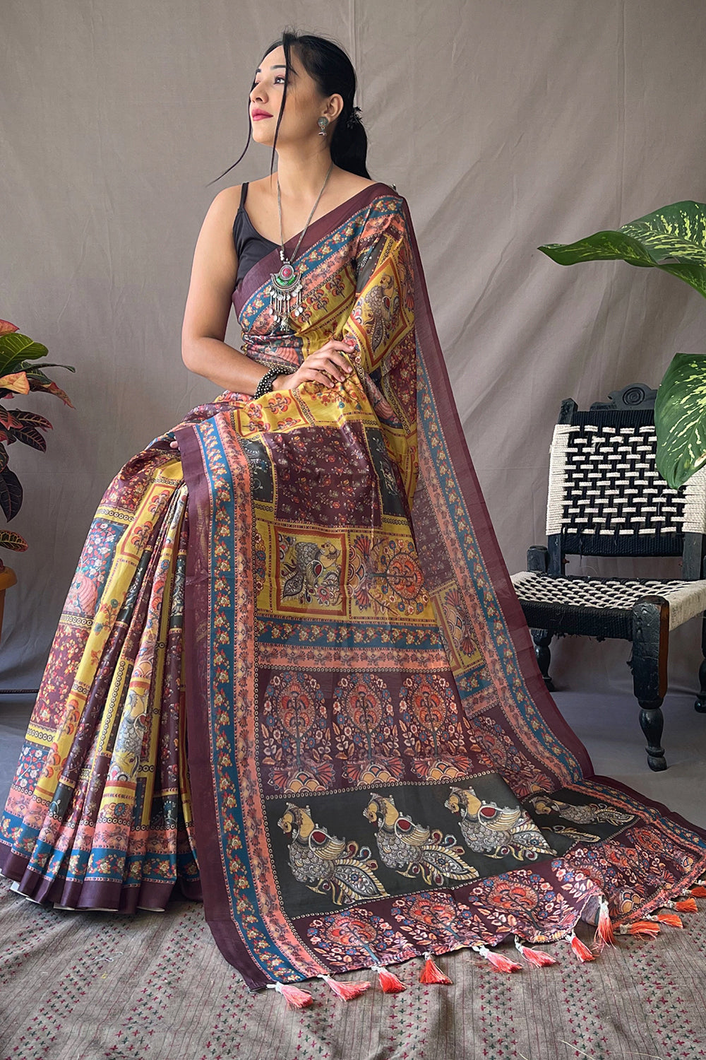 Yellow &amp; Multi Colour Cotton Saree With Kalamkari Print