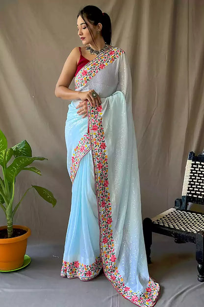 Sky Blue Georgette Saree With Sequence Work