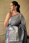 Grey Soft Litchi Silk Saree