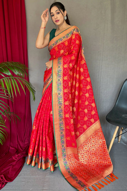 Red Patola Silk Saree With Zari Weaving Work