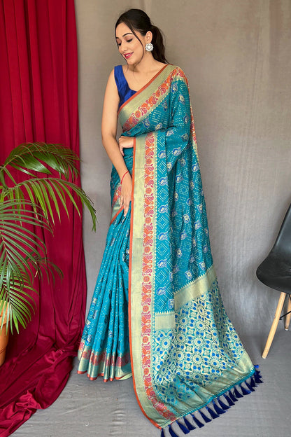 Sky Blue Patola Silk Saree With Zari Weaving Work