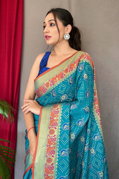 Sky Blue Patola Silk Saree With Zari Weaving Work