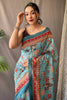 Arctic Blue Pure Malai Kalamkari Cotton Saree With Blouse