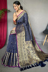 Designer Navy Blue Silk Saree With Fancy Blouse