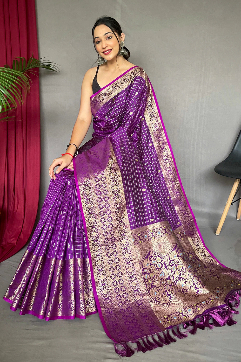 Violet Silk Saree With Weaving Work