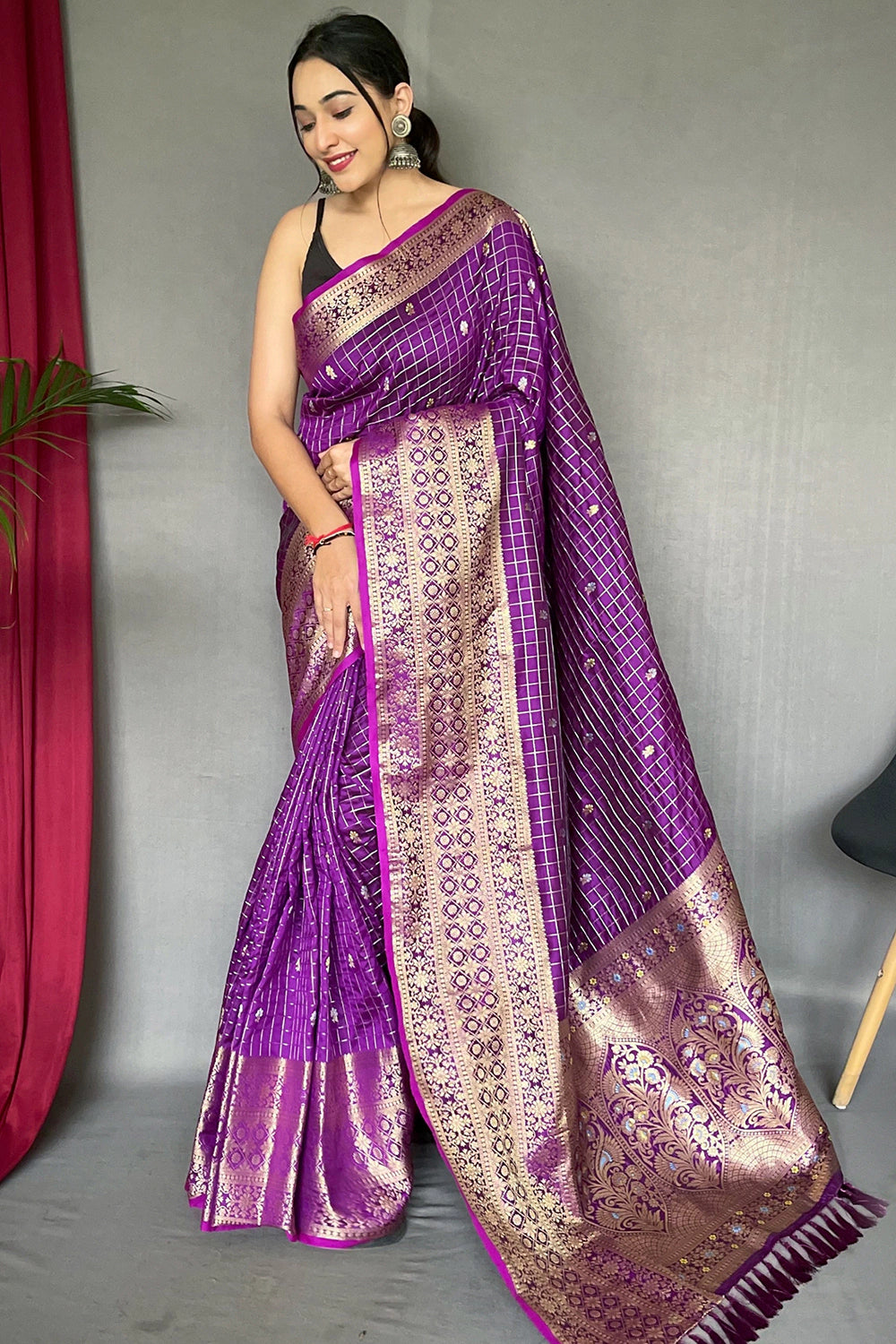 Violet Silk Saree With Weaving Work